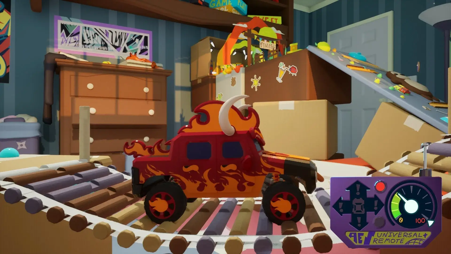 Obstacle Overdrive red toy truck crossing a homemade bridge